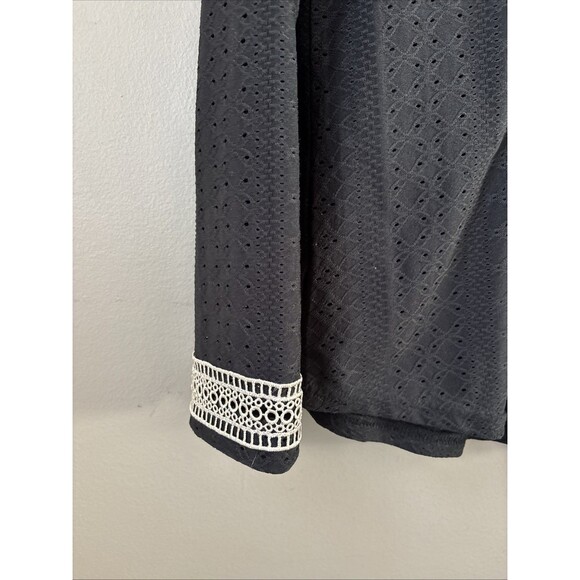 Women's Black Lace Blouse M Long Sleeve Stretch Tan Lace Accent Sheer Dressy Top - Picture 3 of 8